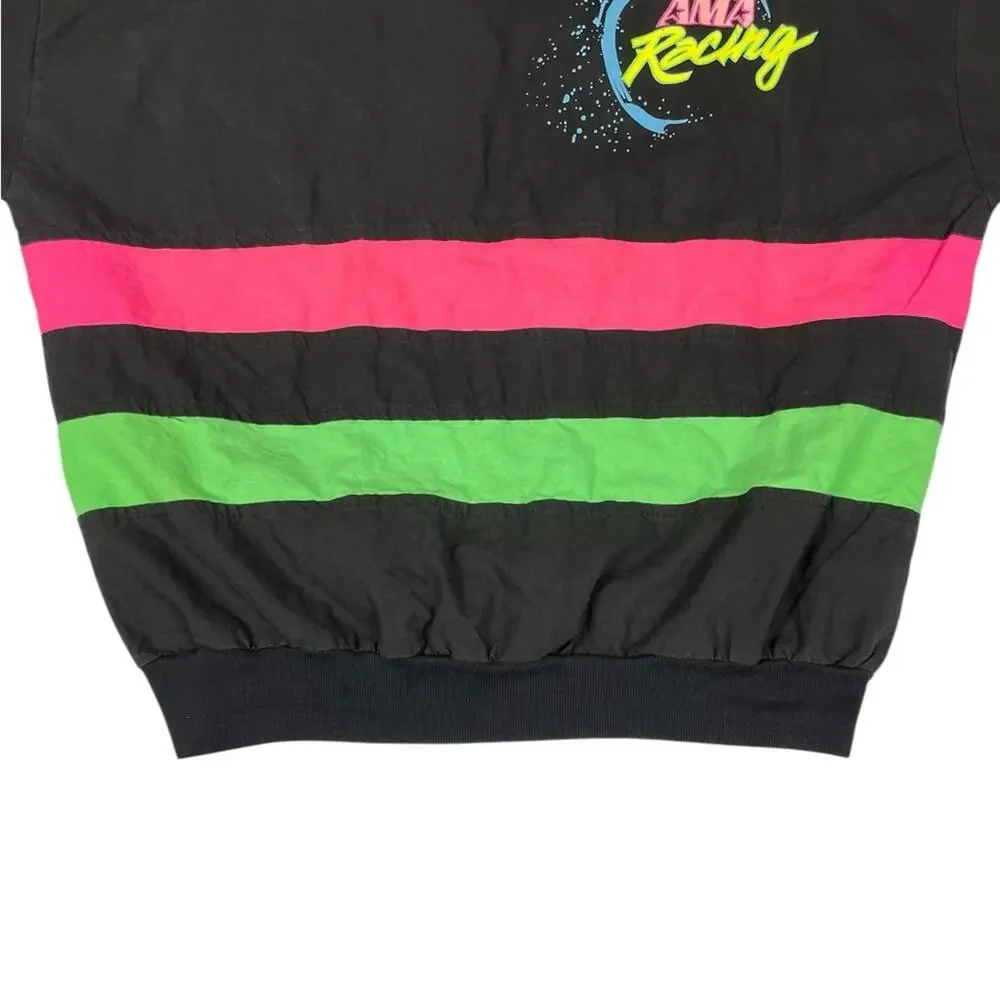Vintage Men's Black retro AMA racing windbreaker with Pink Green neon Stripes